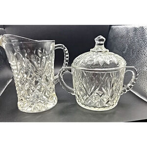 Vintage Anchor Hocking Prescut Pineapple Creamer & Covered Sugar Clear Glass